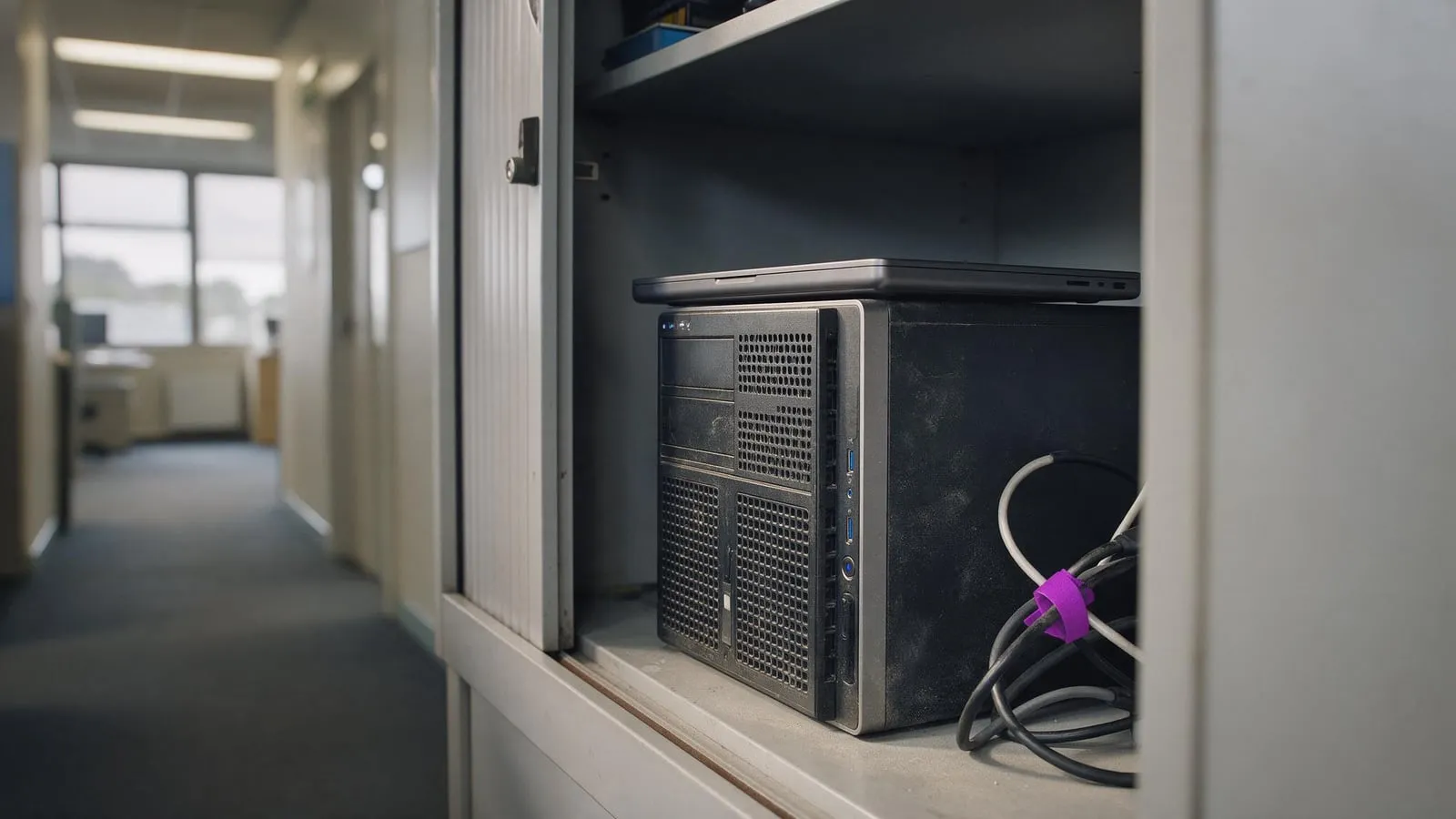 A small tower server in an office cupboard with a laptop resting on top